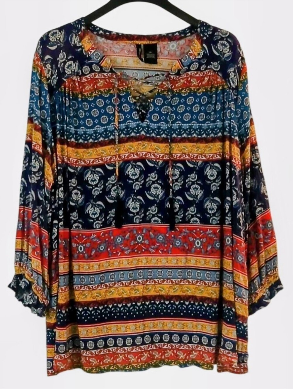 New Directions Woman Size 2X Top Blues Yellow Orange Floral Stripe Peasant